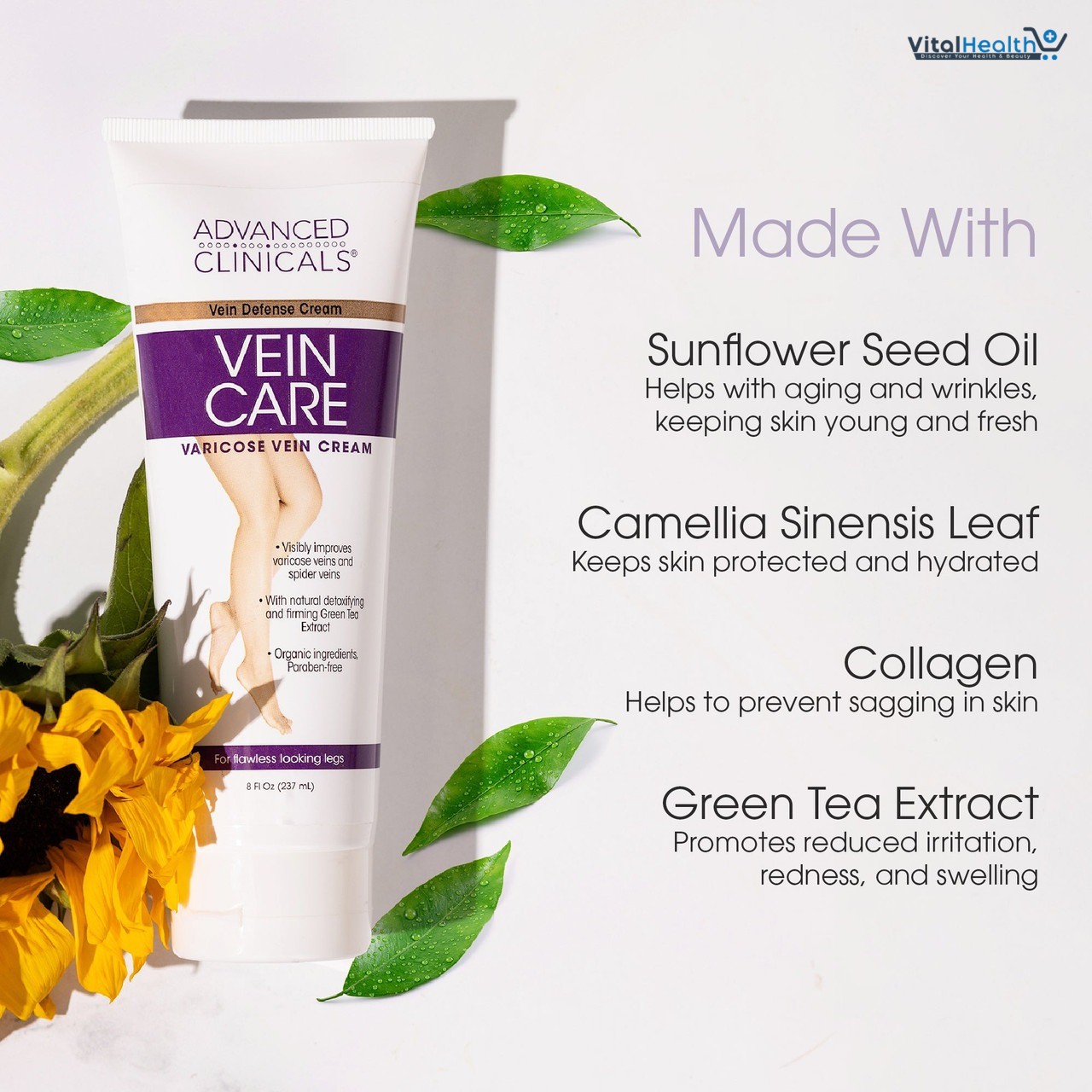 Advanced Clinicals Vein Care Leg Cream For Varicose Veins &amp; Spider Veins, Collagen &amp; Arnica Skin Care, 8 Fl Oz