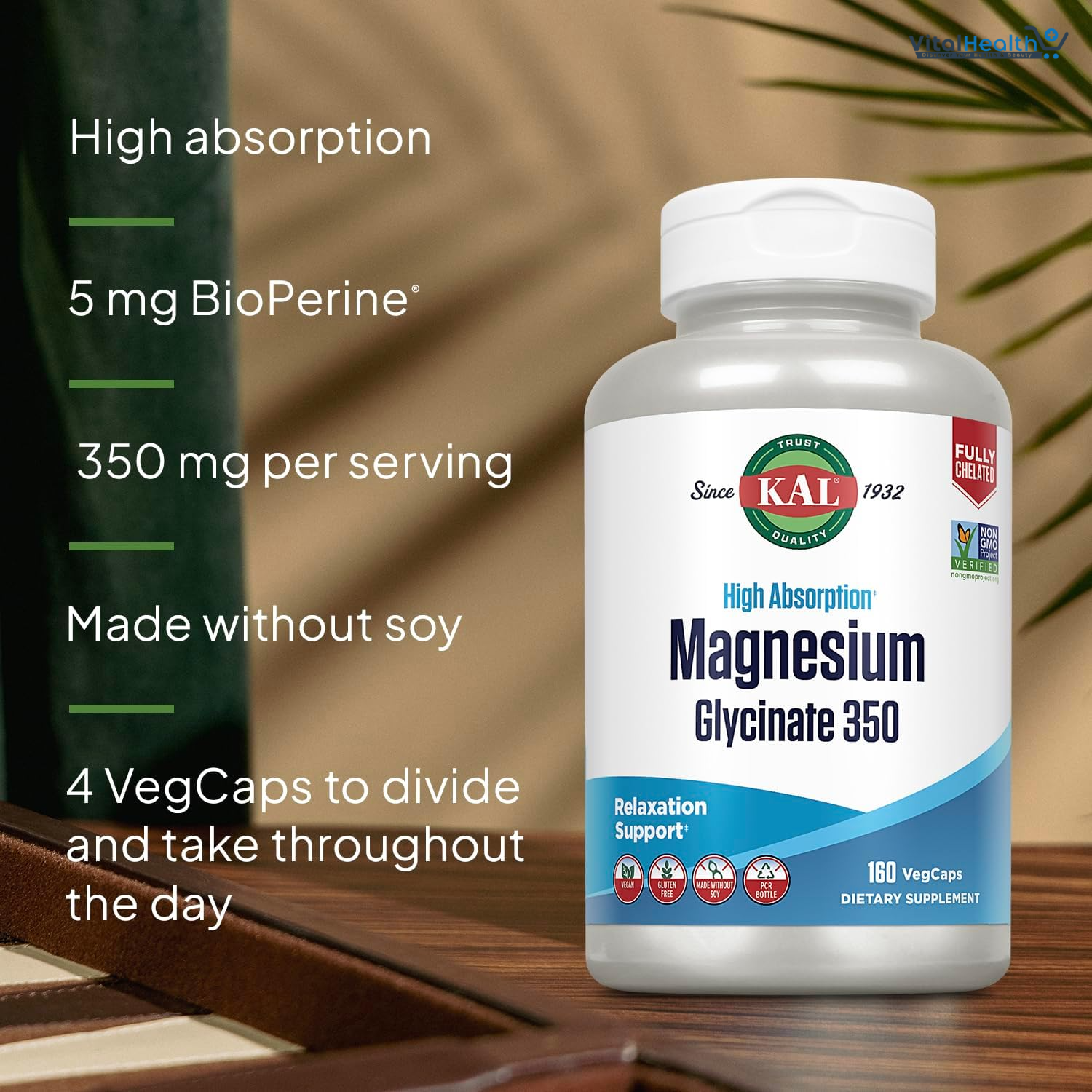 KAL Magnesium Glycinate, New &amp; Improved Fully Chelated High Absorption Formula with BioPerine, Bisglycinate Chelate for Stress, Relaxation, Muscle &amp; Bone Health Support, 60 Servings, 240 VegCaps