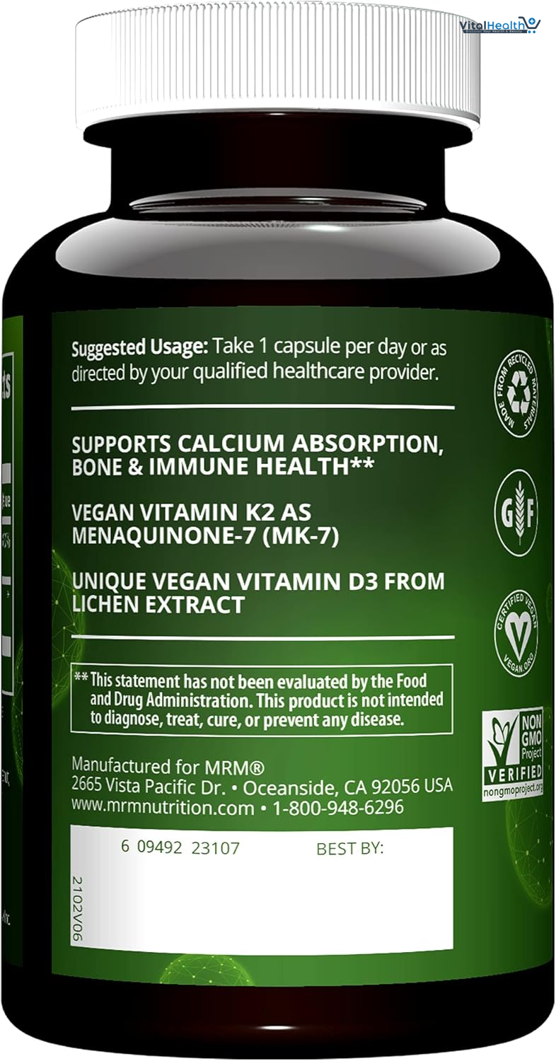 MRM Nuturition Vegan Vitamin D3 &amp; K2 | Bone + Immune Health | Made from lichens | Supports Calcium Absorption | Vegan + Vegetarian Friendly | 60 Servings