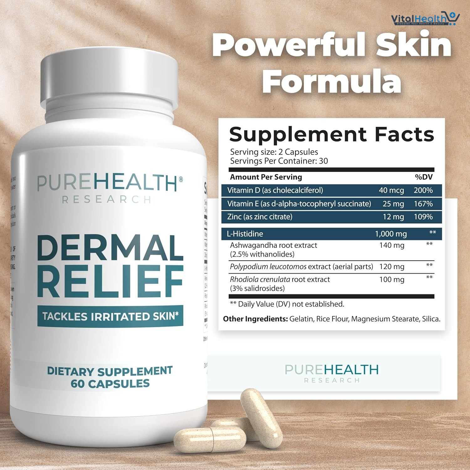 PUREHEALTH RESEARCH Dermal Relief Supplements - for Irritated Skin, Eczema and Dermatitis with L-Histidine, Ashwagandha Root Extract, Rhodiola Crenulata, Vitamin D and E - 1 Bottle - 60 Capsules