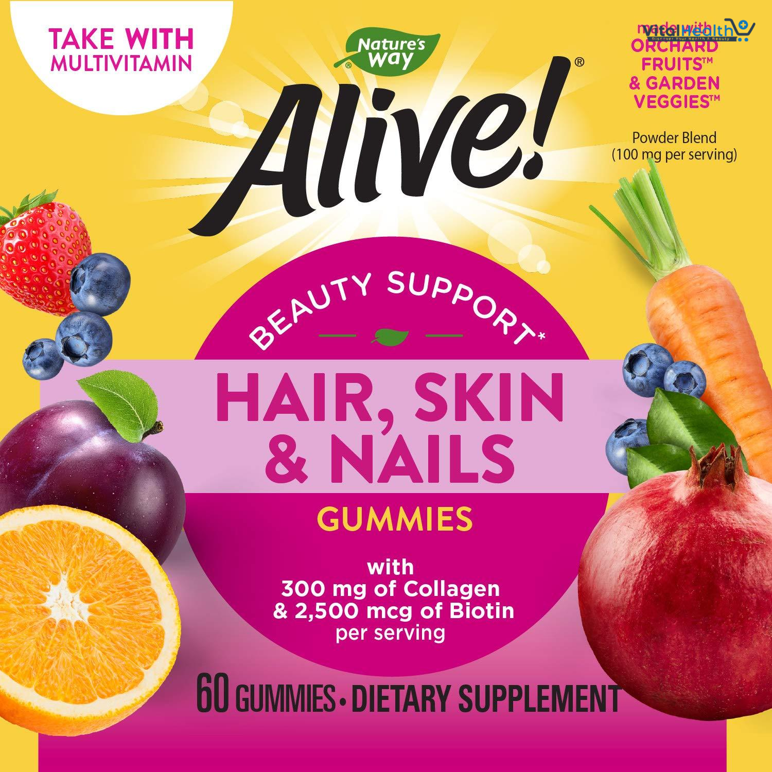 Nature's Way Alive! Hair, Skin &amp; Nails Gummy Supplement, Advanced Beauty Formula*, with Collagen 100 mg &amp; Biotin 2500 mcg per 2-gummies, Strawberry Flavored, 60 Gummies