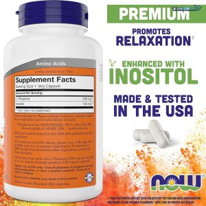 NOW Foods L-Theanine, Double Strength 200 mg Per Cap - 180 Veg Capsules - Enhanced with 100mg Inositol - Vegetarian, Non-GMO