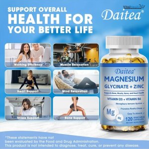 Daitea Magnesium Glycinate + Zinc Vitamin D3 + Vitamin B6 Capsules to Support Bone Muscles &amp; Heart Health