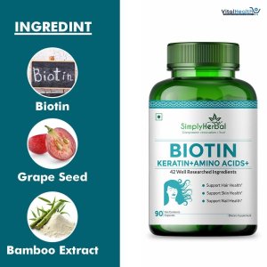 Simply Herbal Natural Biotin Vitamin B7 Capsules for Hair &amp; Skin Enriched With Keratin + Multivitamin + Amino For Men Women (90 Capsules)