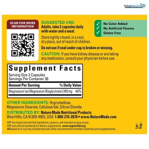 Nature Made Magnesium Glycinate 200 mg per serving, Magnesium Supplement for Muscle, Heart, Nerve and Bone Support, 180 Magnesium Bisglycinate Capsules, 90 Day Supply