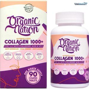 ORGANIC NATION Hydrolyzed Collagen 1000+ 90 Coated Tablets | For Silky Smooth Skin | Anti-Wrinkles | Anti-Aging With Hyaluronic Acid and Vitamin C