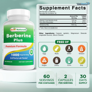 Best Naturals Berberine Plus 1000mg per Serving, (Non-GMO) 60 Capsules - Contains Berberine HCL 1000mg, Vitamin C 120mg &amp; Zinc Gluconate 30 mg