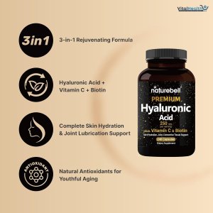 NatureBell Hyaluronic Acid Supplements 250mg | 240 Capsules, with Biotin 5000mcg &amp; Vitamin C 25mg, 3 in 1 Support - Skin Hydration, Joint Lubrication, Hair and Eye Health