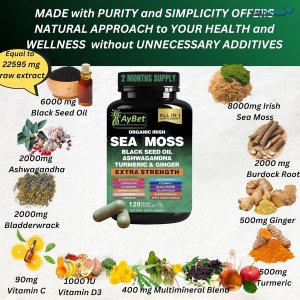 AyBet Organic Irish Sea Moss, Black Seed Oil, Ashwagandha, Turmeric,Ginger Capsule _ 120 Count