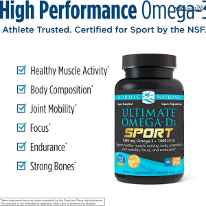 Nordic Naturals Ultimate Omega-D3 Sport, Lemon - 60 Soft Gels - 1480 mg Omega-3 + 1000 IU Vitamin D3 - NSF Certified - Supports Muscle, Bones, Focus &amp; Endurance