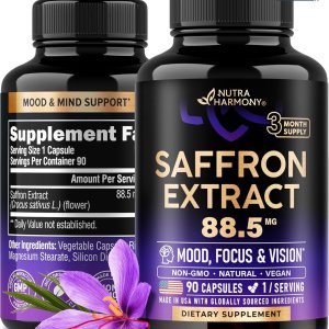 Natural Saffron Supplements - Pure Saffron Extract 88.5 mg - Made in USA - Mood | Focus | Vision | Energy Support - Eye Health for Women &amp; Men - NonGMO Vegan Pills - 90 Powder Capsules, 3 Month Supply