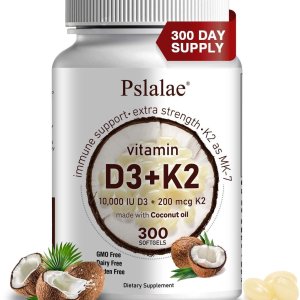 Pslalae 2-in-1 Vitamin D3 K2 Supplement Coconut Oil Softgels, 10000 IU D3 &amp; 200 MCG K2,