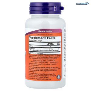 NOW Foods Supplements, Astaxanthin 10mg, Extra Strength,derived from Non-GMO Haematococcus Pluvialis Microalgae and has naturally occurring Lutein, Canthaxanthin and Beta-Carotene, 60 Softgels