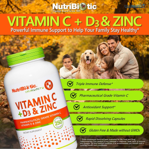 NutriBiotic – Vitamin C + Vitamin D3 &amp; Zinc, 250 Capsules | Potent, Comprehensive Immune Support | Essential &amp; Antioxidant Daily Supplement | Gluten &amp; GMO Free