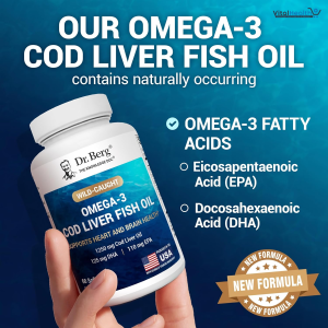 Dr. Berg Maximum Strength Omega-3 Cod Liver Fish Oil (1250 mg) from Wild-Caught Cod - Lemon-Flavored Omega-3 Fish Oil for Women &amp; Men - EPA DHA Supplement – 60 Softgels
