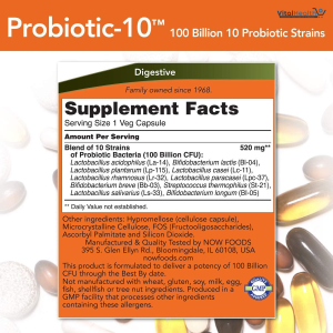 NOW Foods Supplements, Probiotic-10™, 100 Billion, with 10 Probiotic Strains,Dairy, Soy and Gluten Free, Strain Verified, 30 Veg Capsules