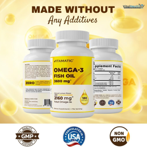 Vitamatic Triple Strength Omega 3 Fish Oil 3600mg Per Serving, 2160mg Omega 3 Fatty Acids, 1296mg EPA + 864mg DHA, Burpless Lemon Flavor, 180 Softgels