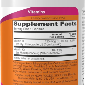 NOW Supplements, Mega D-3 &amp; MK-7, 5000 IU / 180 mcg, Bone &amp; Cardiovascular Support, Vitamins K-3 &amp; K-2, 120 Capsules
