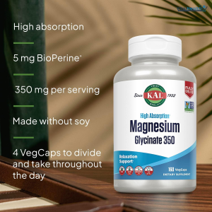 KAL Magnesium Glycinate, New &amp; Improved Fully Chelated High Absorption Formula with BioPerine, Bisglycinate Chelate for Stress, Relaxation, Muscle &amp; Bone Health Support, 60 Servings, 240 VegCaps