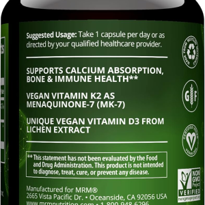 MRM Nuturition Vegan Vitamin D3 &amp; K2 | Bone + Immune Health | Made from lichens | Supports Calcium Absorption | Vegan + Vegetarian Friendly | 60 Servings