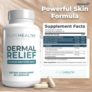 PUREHEALTH RESEARCH Dermal Relief Supplements - for Irritated Skin, Eczema and Dermatitis with L-Histidine, Ashwagandha Root Extract, Rhodiola Crenulata, Vitamin D and E - 1 Bottle - 60 Capsules