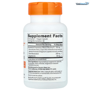 Doctors Best Trans-Resveratrol 200, Resveratrol with Red Wine Polyphenol (ResVinol), Non-GMO, Gluten Free, Soy Free, Vegan 60 Veggie Caps
