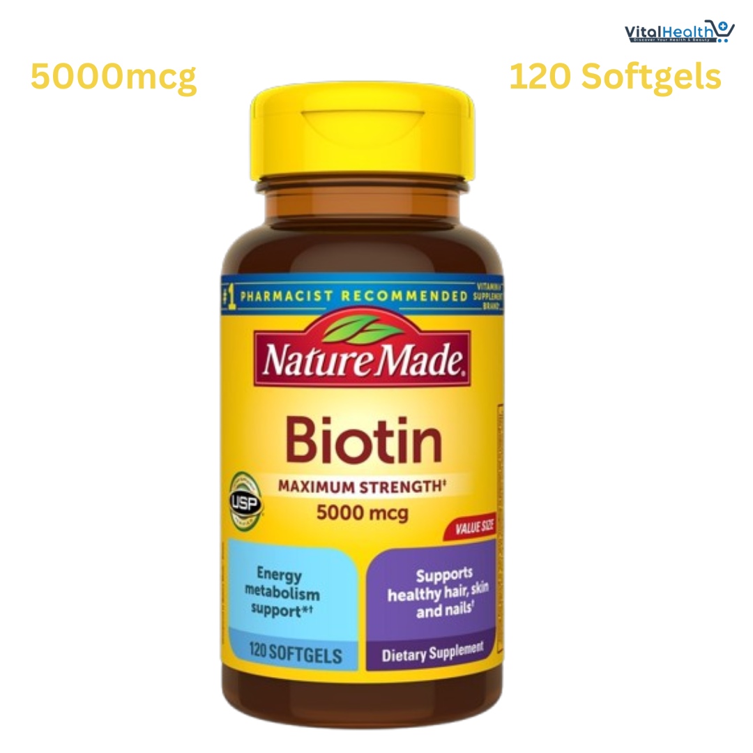 Nature Made Maximum Strength Biotin 5000 mcg, Dietary Supplement may help support Healthy Hair, Skin & Nails, 120 Softgels