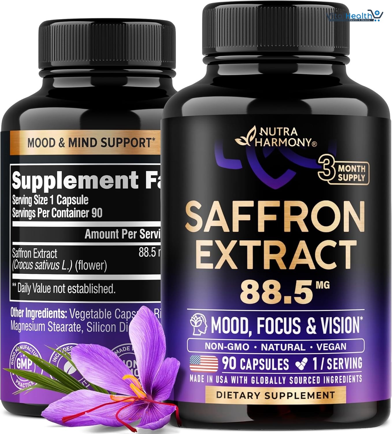 Natural Saffron Supplements - Pure Saffron Extract 88.5 mg - Made in USA - Mood | Focus | Vision | Energy Support - Eye Health for Women & Men - NonGMO Vegan Pills - 90 Powder Capsules, 3 Month Supply