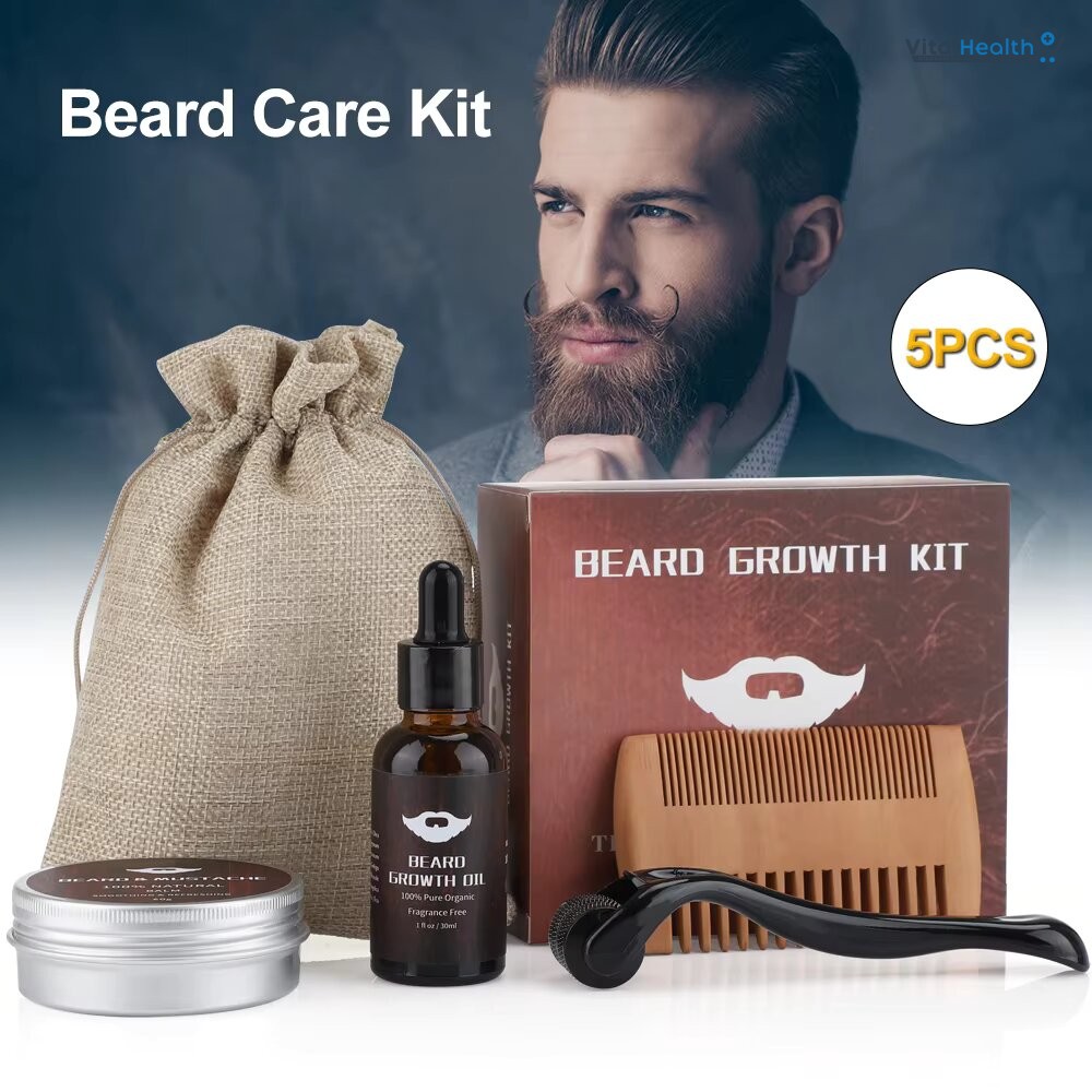 5pcs Beard Growth Kit Enhancer Beard Essential Oil Moisturizing Hair Wax Roller Comb For Men