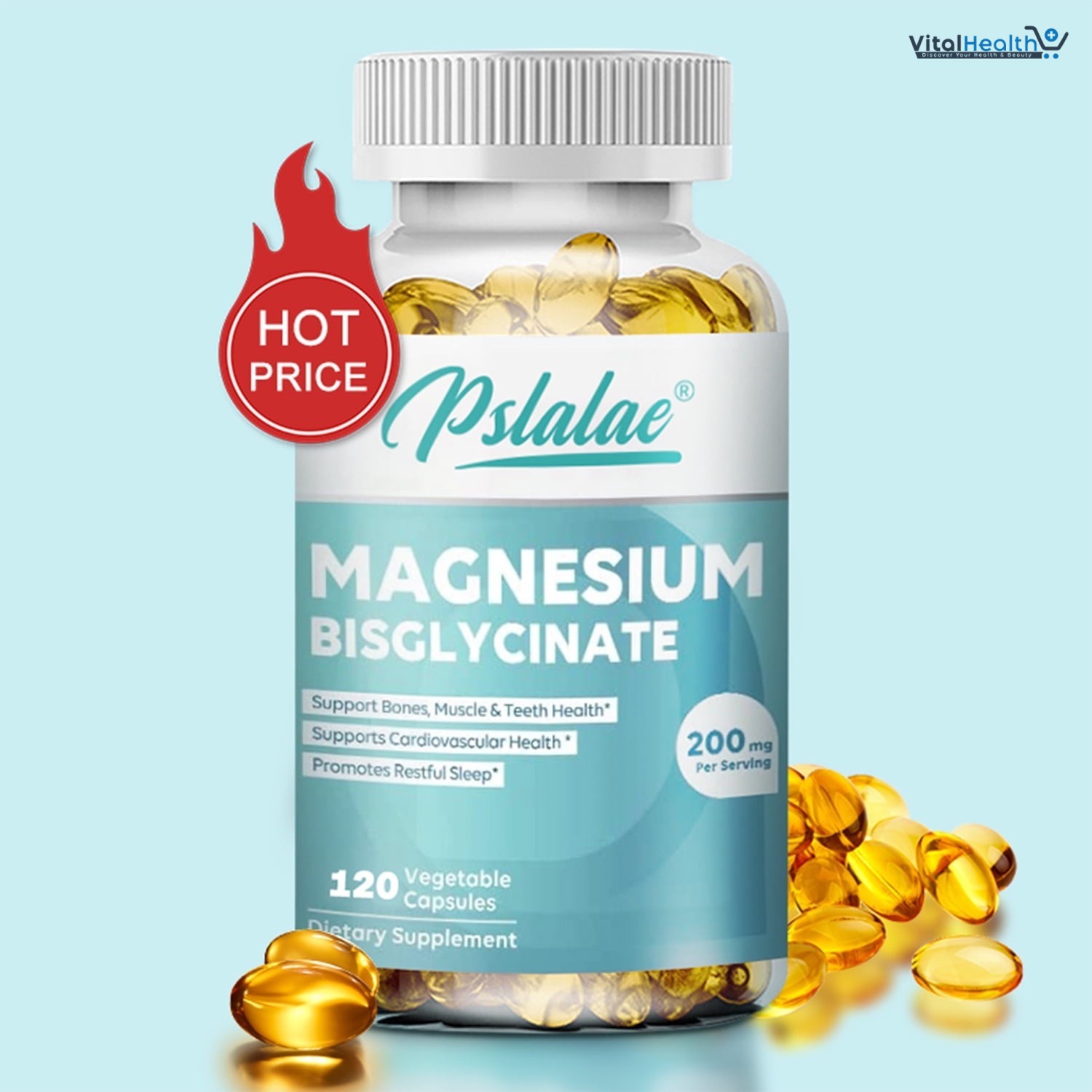 Pslalae Magnesium Bisglycinate 200mg _ 120 Capsules  -  Essential Mineral | Non-GMO & Gluten-Free Capsules