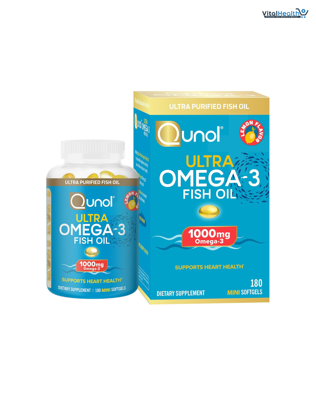 Qunol Fish Oil Omega 3 Mini Softgels, 1000mg Omega 3 EPA + DHA, Ultra Pure Supplements, Heart Health Support, Lemon Flavor, Easy to Swallow Minis, 3 Month Supply, 180 Count