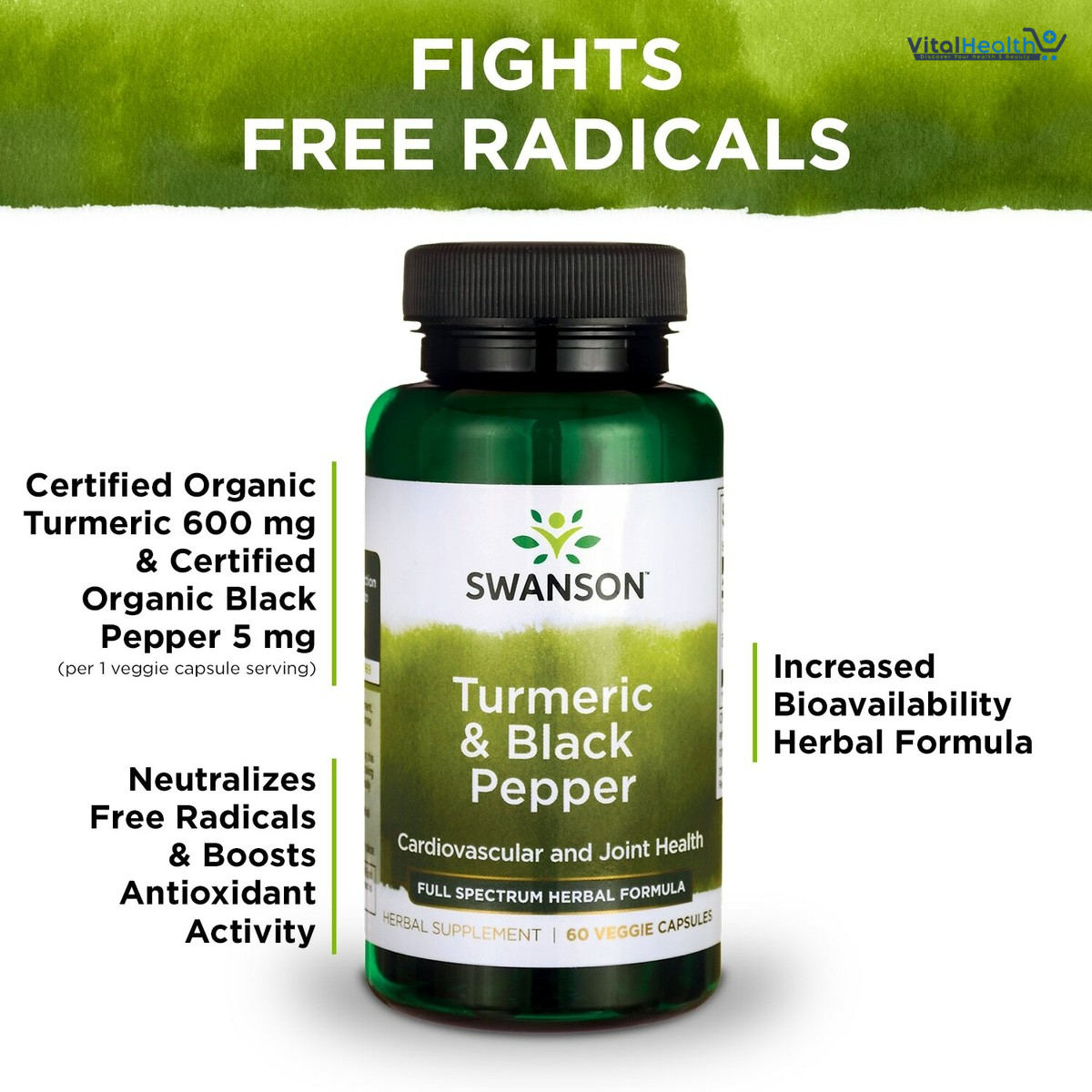 Swanson Turmeric & Black Pepper - Organic Joint Health, Heart Health, Digestion, & Liver Support Supplement - Natural Formula for Enhanced Bioavailability & Absorption - (60 Veggie Capsules)