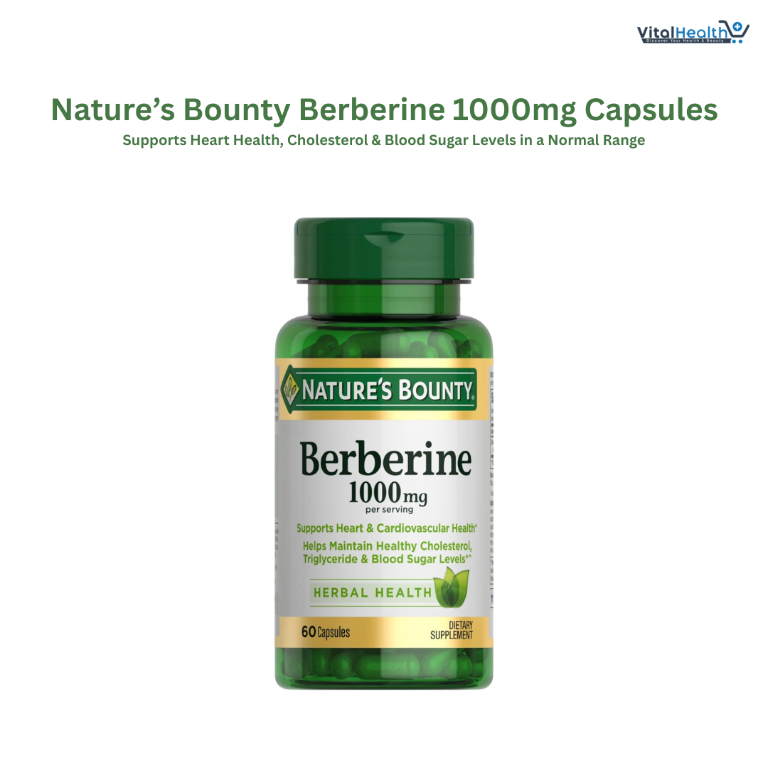 Nature’s Bounty Berberine 1000mg Capsules, Supports Heart Health, Cholesterol & Blood Sugar Levels in a Normal Range, Non-GMO Supplement, 60 Count