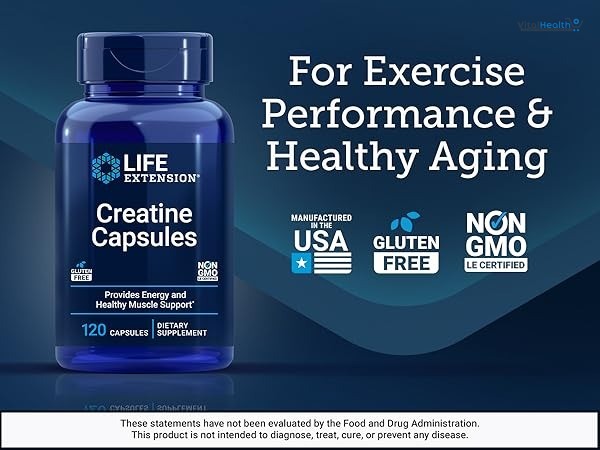 Life Extension Creatine Capsules – Creatine Monohydrate – Promotes Strength, Lean Muscle, Healthy Endurance – Non-GMO, Gluten-Free – 120 Capsules