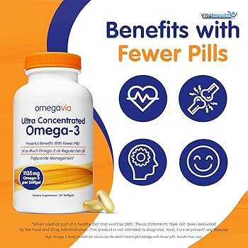 OmegaVia Ultra Concentrated Omega 3 Fish Oil Burpless, 60 Softgels, Triple Strength Omega 3 Fish Oil Supplements, 1135 mg Pure Omega3, No Fishy Burps, High EPA DHA DPA