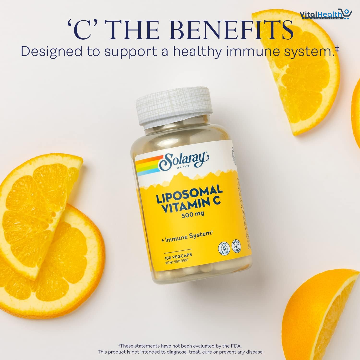 SOLARAY Liposomal Vitamin C 500mg - Enhanced Absorption Vitamin C Liposomal Blend with Fatty Acids - Antioxidant and Immune Support Supplement - Vegan, 60-Day Guarantee, 100 Servings, 100 VegCaps