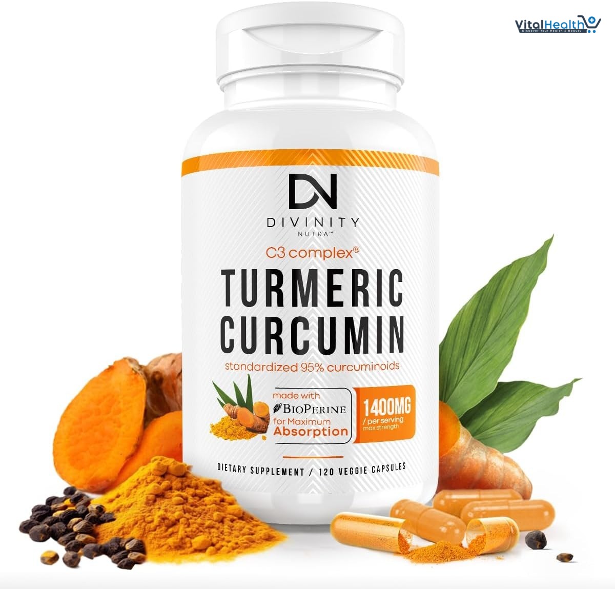 Turmeric Curcumin with BioPerine Black Pepper 1400mg, Support GLP-1 Naturally, Max Absorption Turmeric Supplement for Joint Support with 95% Standardized Curcuminoids C3 Complex, Non GMO, 120 Capsules