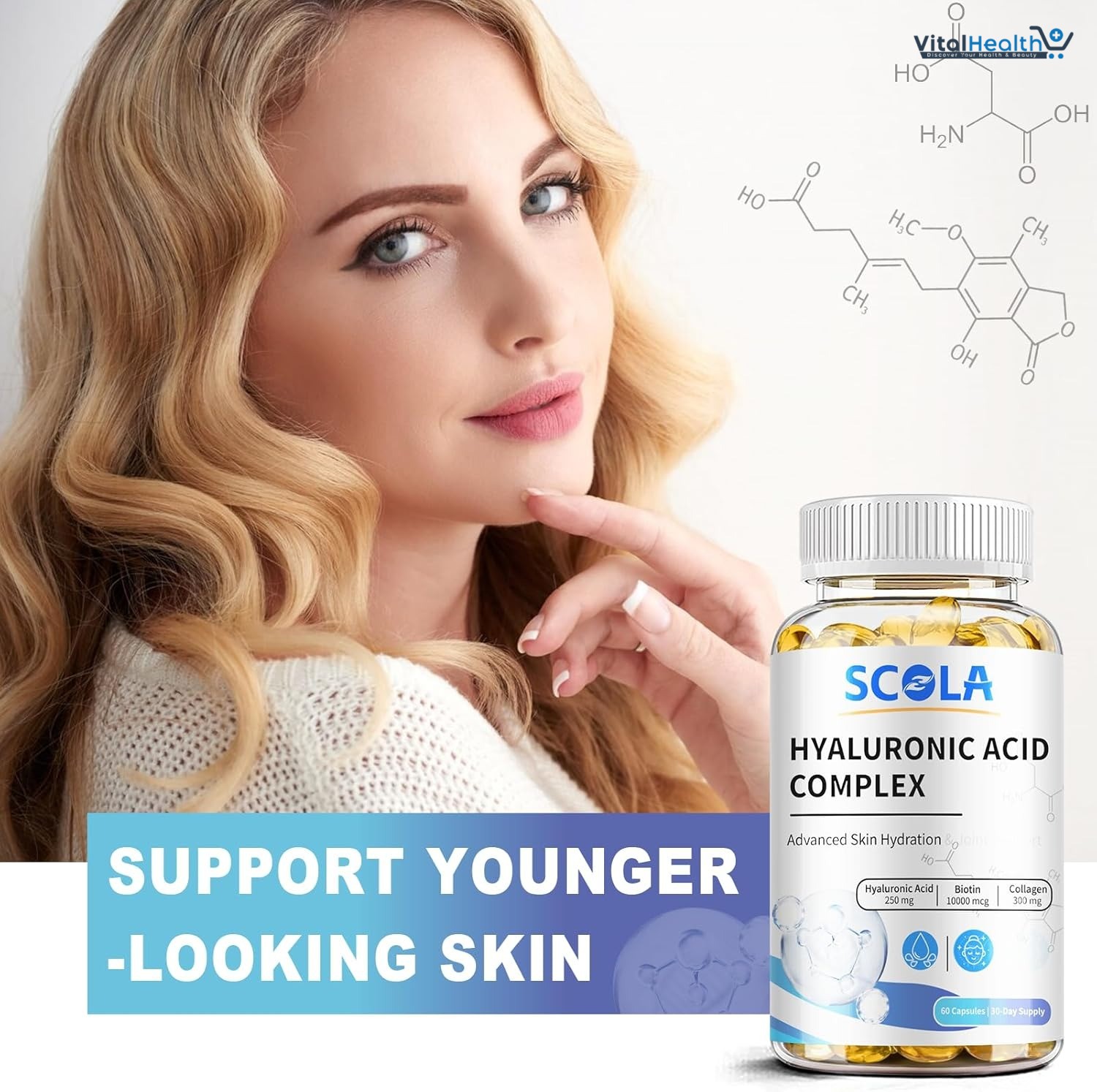 SCOLA Hyaluronic Acid Capsules - 250mg HA + 10,000mcg Biotin, 60 Vegan Capsules | Deep Hydration, Hair & Nail Support | Non-GMO Formula