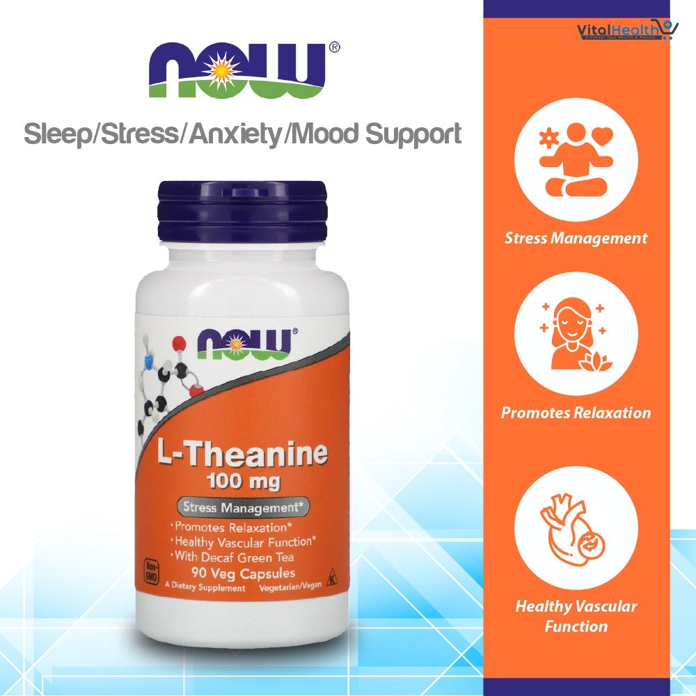 NOW Foods Supplements, L-Theanine 100 mg with Decaf Green Tea, Stress Management, 90 Veg Capsules