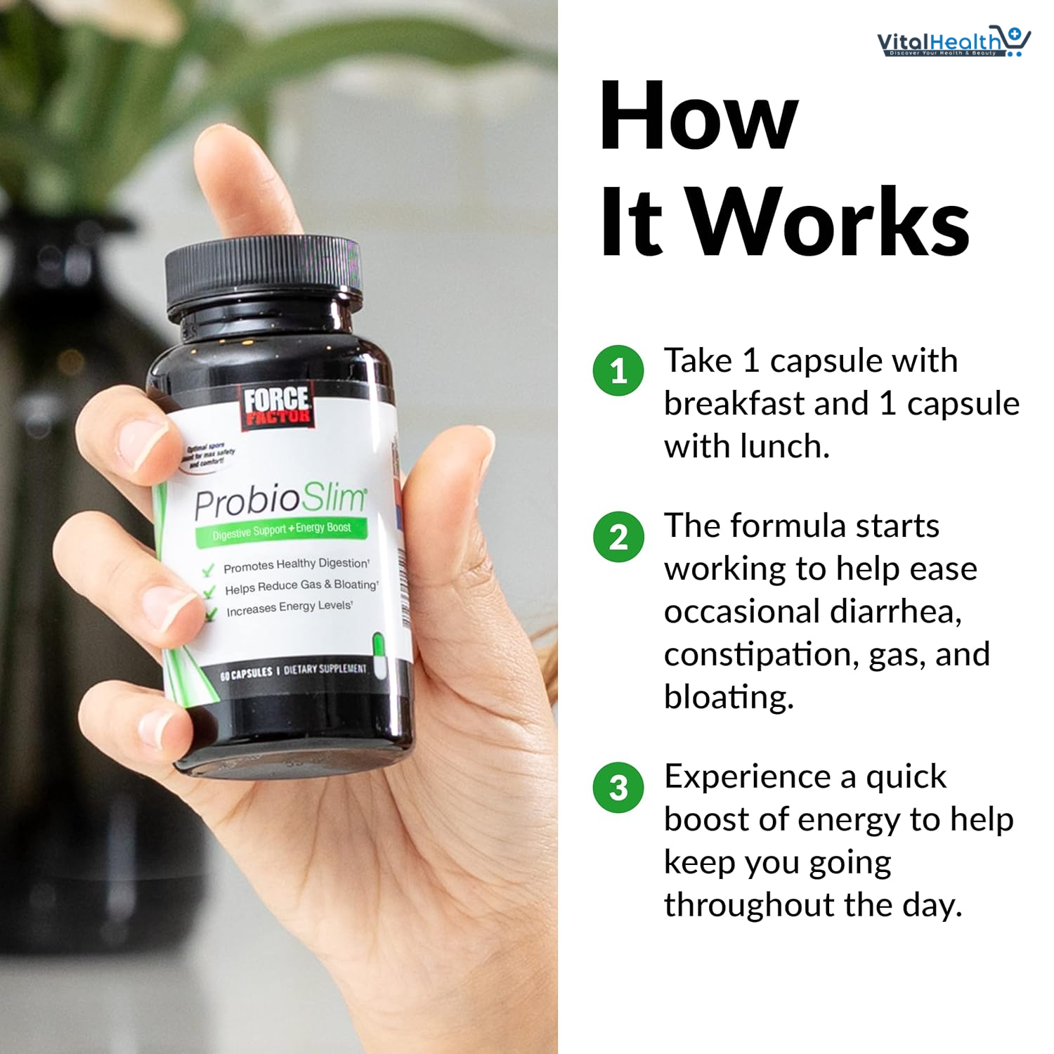 Force Factor ProbioSlim Probiotics for Women and Men, Probiotics for Digestive Health to Reduce Bloating, Gas, & Occasional Diarrhea, with Prebiotics, LactoSpore, & Green Tea for Energy, 30 Capsules