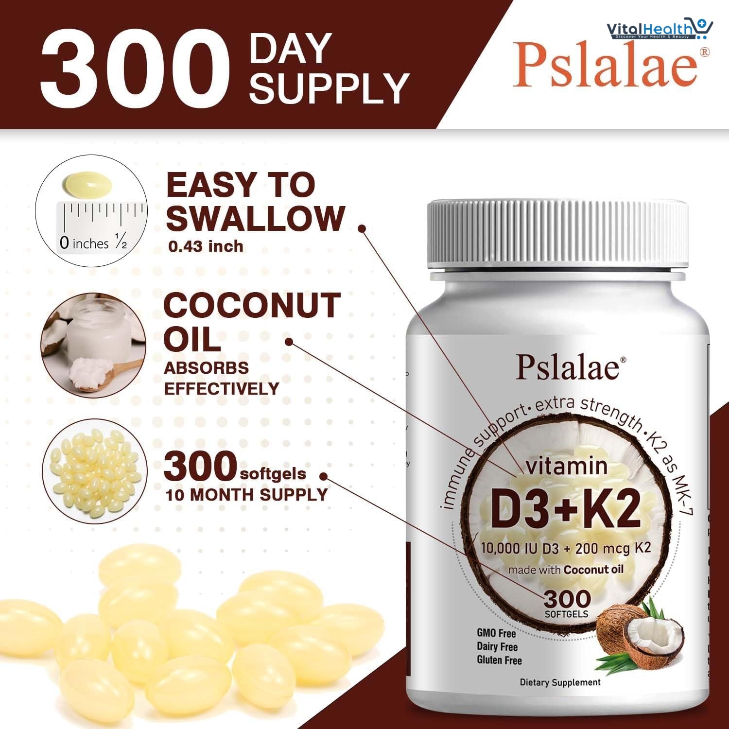 Pslalae 2-in-1 Vitamin D3 K2 Supplement Coconut Oil Softgels, 10000 IU D3 & 200 MCG K2,