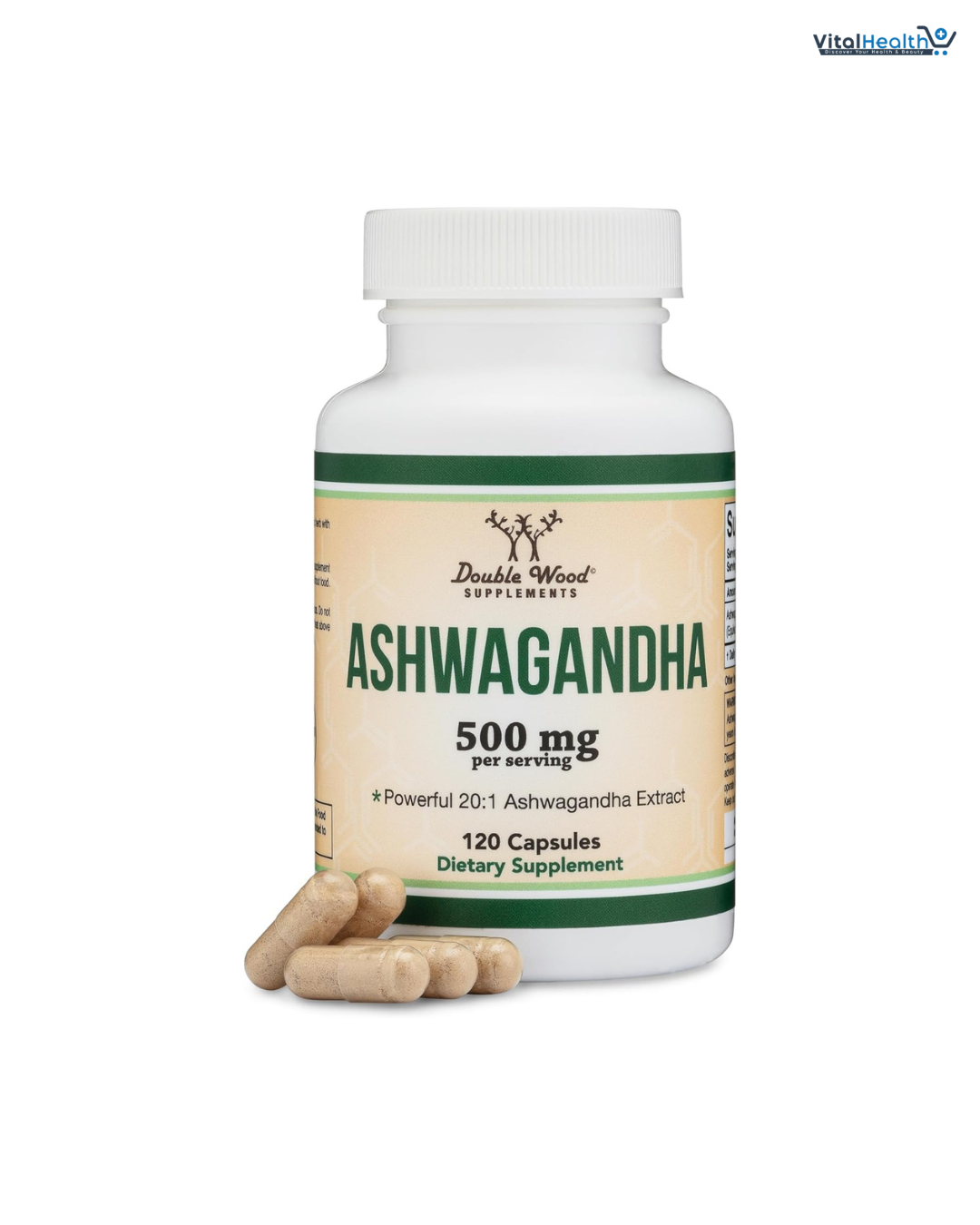Ashwagandha Capsules, 120 Count (500mg Extract 20:1 Potency) Adaptogen Stress Relief by Double Wood