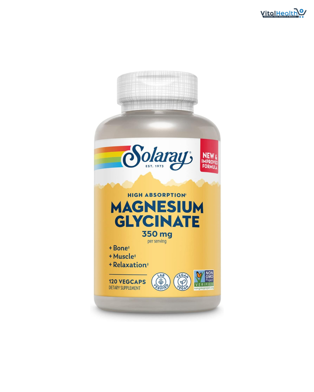 SOLARAY Magnesium Glycinate Capsules, Chelated Magnesium Bisglycinate w/BioPerine, Higher Absorption Magnesium Supplement - Bones, Muscles, Heart Support,  120 VegCaps