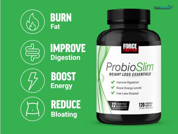ProbioSlim Weight Loss Essentials Complete Daily Digestive Health and Weight Loss Probiotic Supplement for Women and Men with Electrolytes and Green Tea Extract, Force Factor, 120 Capsules