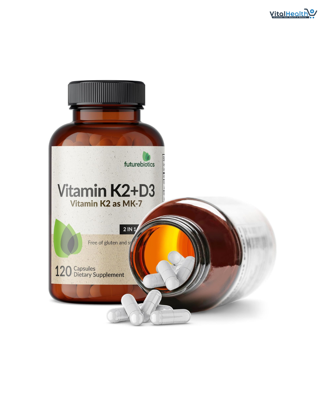 Futurebiotics Vitamin K2 (MK7) with D3 Supplement - Non-GMO Formula - 5000 IU Vitamin D3 & 90 mcg Vitamin K2 MK-7, 120 Vegetarian Capsules