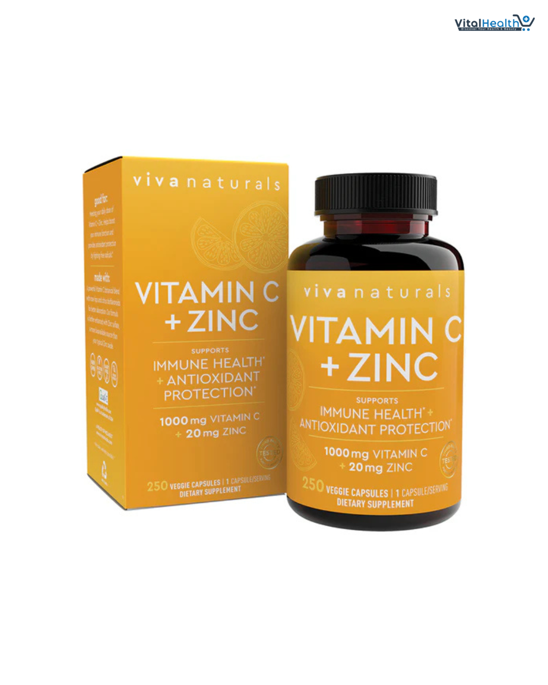 Viva Naturals Vitamin C and Zinc Supplement (250 Capsules) - 1000 mg Vitamin C with Zinc 20 mg Antioxidant Supplements for Immune Support, Vitamin Supplement for Adults