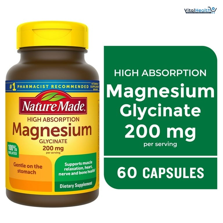 Nature Made Magnesium Glycinate 200 mg per serving, Magnesium Supplement for Muscle, Heart, Nerve and Bone Support, 180 Magnesium Bisglycinate Capsules, 90 Day Supply