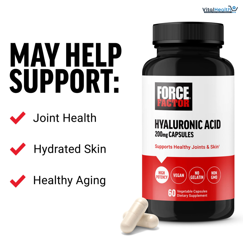 Force Factor Hyaluronic Acid Supplements, Hyaluronic Acid Capsules for Joint Health and Skin Hydration, Joint Health Supplement for Women and Men, High Potency, Vegan, 60 Capsules