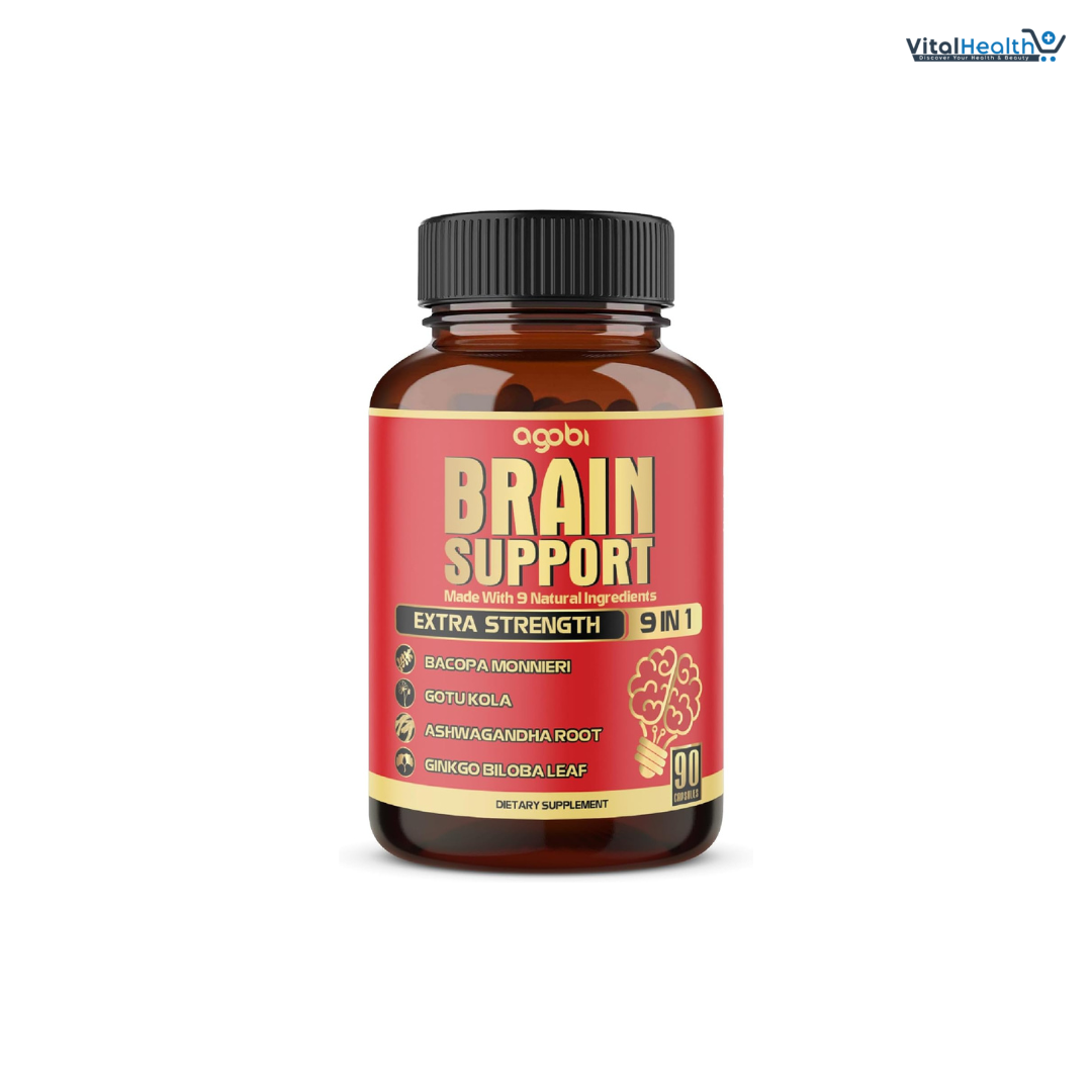 Agobi 9in1 Brain Support Supplement - Concentrated Ashwagandha Root, Gotu Kola Powder, Bacopa Monnieri Powder and More - 90 Capsules