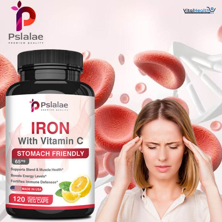 Pslalae Iron with Vitamin C Capsules Support Muscles Health, Increase Energy and Improve Immune Function